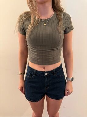 Target Olive Ribbed Short Sleeve Crop Top